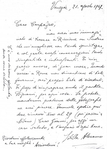 1947. Lettera di Sibilla Aleramo a Gianni Quondamatteo