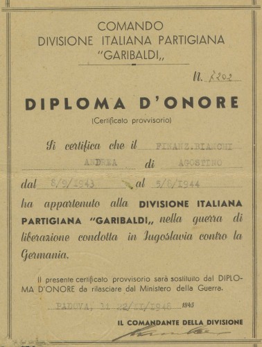 Diploma d'onore ad Andrea Bianchi