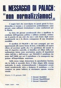 23 gennaio 1969. Manifesto delle federazioni giovanili comunista, socialista e repubblicana riminesi: “Il messaggio di Palach: non normalizziamoci”