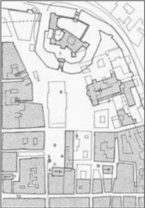 Piazza Cavour e piazza Malatesta come apparivano nella seconda metà del '400: in chiaro gli edifici posteriori