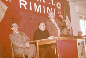 4 febbraio 1980. Festa del tesseramento ANPI. Da sin. Decio Mercanti, Vincenzo Mascia, il Sindaco Zeno Zaffagnini. L’ultimo a destra è Vittorio Zanni