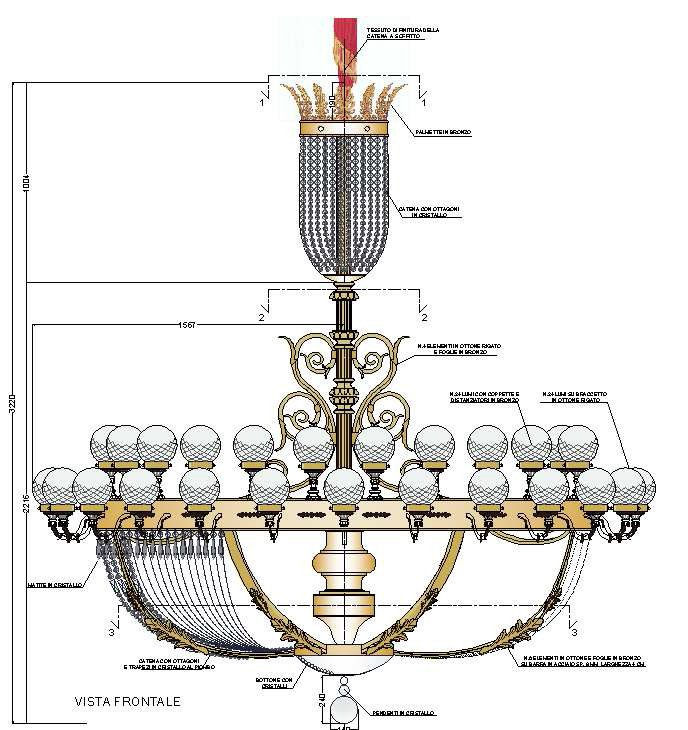 Progetto del lampadario di Sala - vista frontale