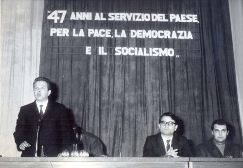 1968, 21 genn. Rimini. Sala dell'Arengo. Da sx Zeno Zaffagnini, Tiziano Giorgetti, Primo Ghirardelli