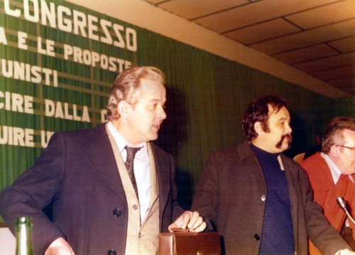 1975, 27 febbr.-2 marzo. Rimini. Salone fieristico. X Congresso Federale del PCI. Da sinistra, Zeno Zaffagnini, Nando Piccari, Francesco Alici