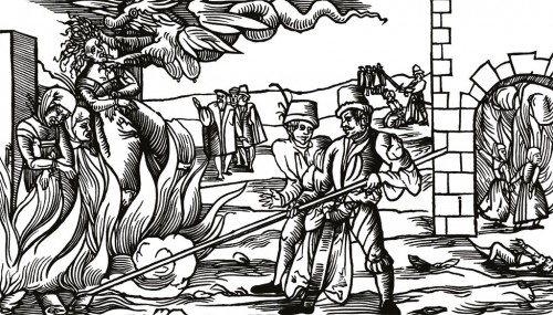 "Tre streghe al rogo", stampa inglese del XVI secolo